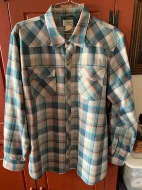 L.L. Bean Teal, Cream & Orange Plaid Flannel Shirt